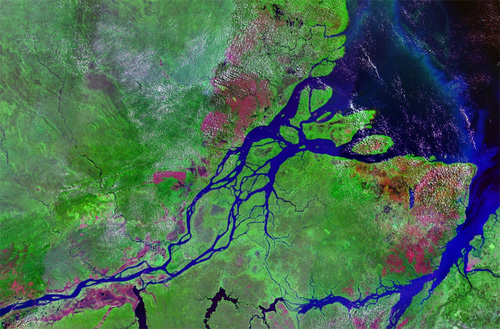 The Amazon River in South America is generally regarded as the second longest river in the world and is: by far the largest by water flow with an average discharge of about 209,000 cubic meters per second. The Amazon runs through Brazil, Columbia and Peru.  Text and image courtesy of Wikipedia